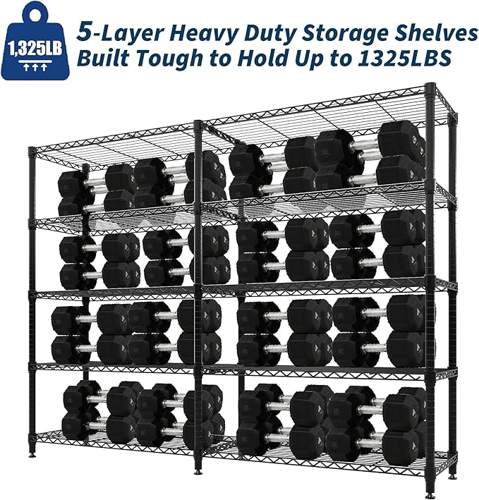 5-Tier Metal Storage Shelves, 60" Wide Wire Shelving Unit, 1325LBS Load Heavy Duty Adjustable Corner Standing Shelf Rack, H/L-Shaped, for Garage. Kitchen, Pantry, Basement,13.8" D x 70.5" H