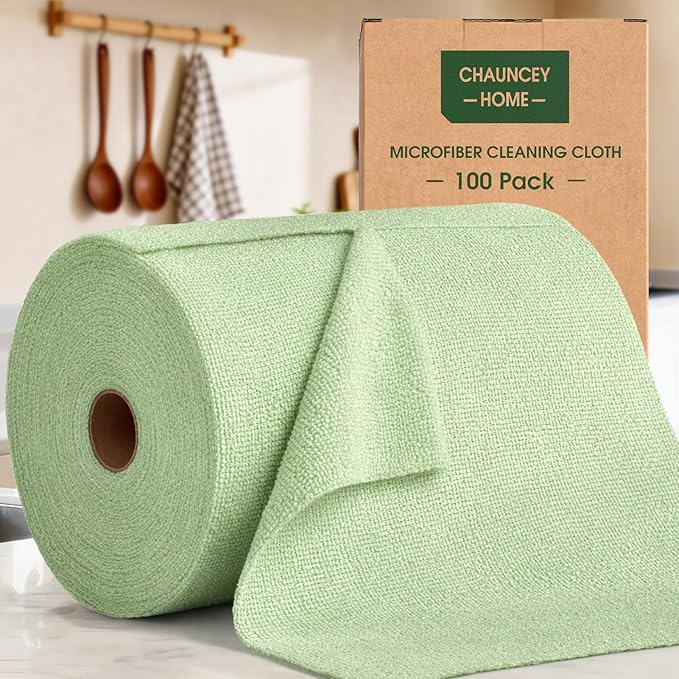Microfiber Cleaning Cloth Roll - 100 Pack Tear Away Microfiber Paper Towels, Reusable, Washable, Scratch-Free, Kitchen Towels for Car, Home, Kitchen, Glass, Dishes(Bean Green)