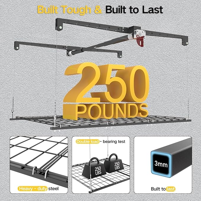 Overhead Garage Storage Rack for 10-12 ft Ceiling, Heavy-duty 4x4 FT Garage Ceiling Storage Racks with Safety Lock, Ideal for Storage Mounted Lift System and Storage Organizer, 250lbs Capacity