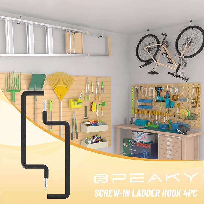 Screw in Ladder Hook, Black Heavy Duty Tool Holders 4PC, Bike Hooks, Wall Mount Garage Storage Hanger, Shelf Organizer for Hanging Bike, Ladder, Folding Chair, Cord (8.46'' (Width:2''))