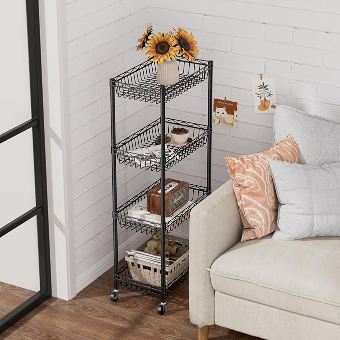 Golpart 4 Tier Shelf Wire Shelving Unit Adjustable Storage Shelves Big Basket Rack Standing Units for Kitchen Closet Laundry Bathroom Organizers Metal Pantry Mesh 10" D x 16" W x 55" H Black