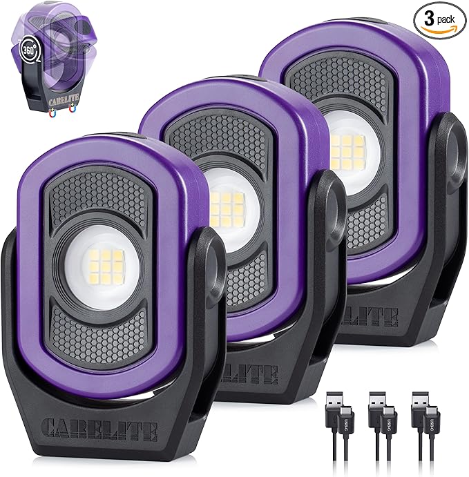Magnetic Work Light – 780 Lumen Compact Pocket Light, Rechargeable 3000mAh, 360° Pivot, Durable & Portable for Mechanics & Jobsites (Purple, 3-Pack)