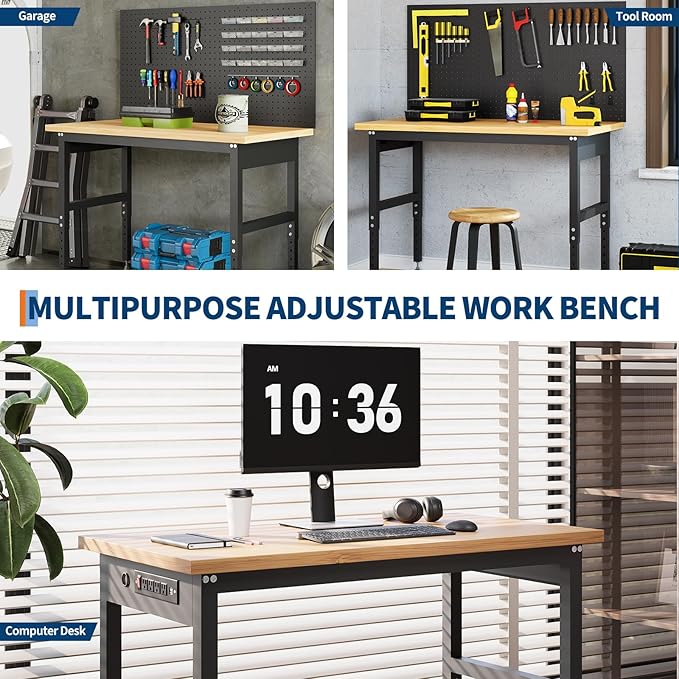 60 in Adjustable Workbench with Pegboard Wall,2200 LBS Garage Table, 28-40 in Height Tool Storage for DIY Projects