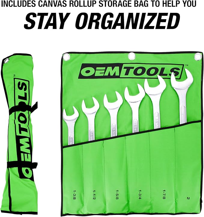 OEMTOOLS 22113 SAE Jumbo Angle Head Wrench Set, Large Fastener Access for Heavy-Duty Maintenance, 6 Piece 1-3/8" to 2" Wrenches, Chrome Finish, Carbon Steel, Wrench Roll Included