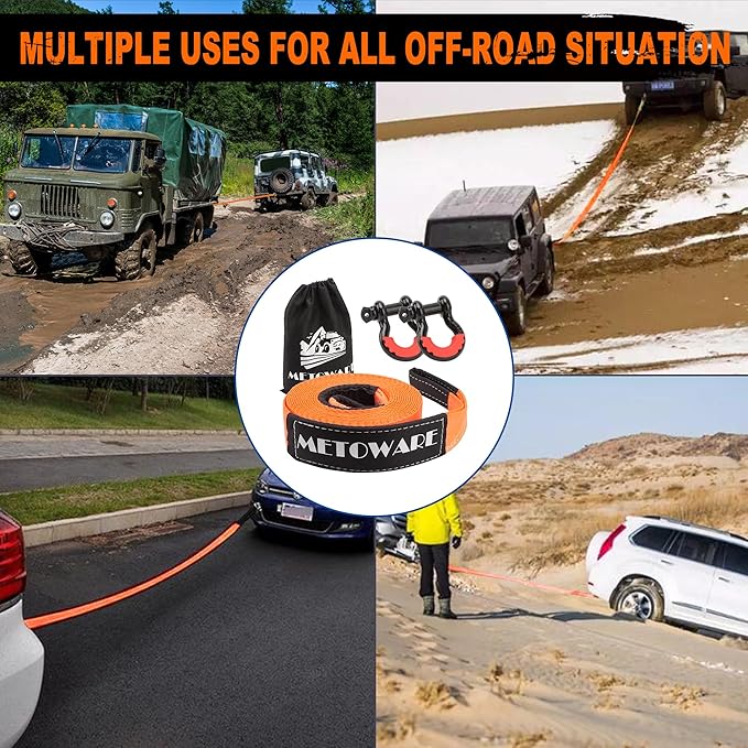 METOWARE Heavy Duty Tow Strap Recovery Kit - 3" x 30ft(35,000lbs) Tree Saver Winch Strap + 3/4" D Ring Shackles(2pcs) + Storage Bag - Truck, SUV, ATV Off Road Towing Strap Kit
