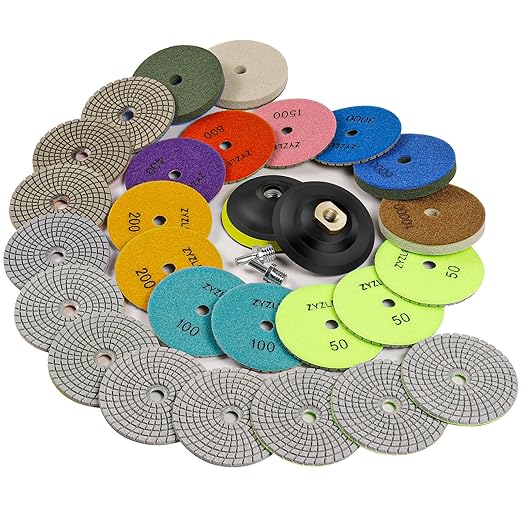 17 PCS 4 Inch Diamond Polishing Pads Kit Wet/Dry with 5/8"-11 Backer Pad Granite Buffing Sanding Set 50-10000 Grit for Concrete Stone Marble Tile Quartz Rock