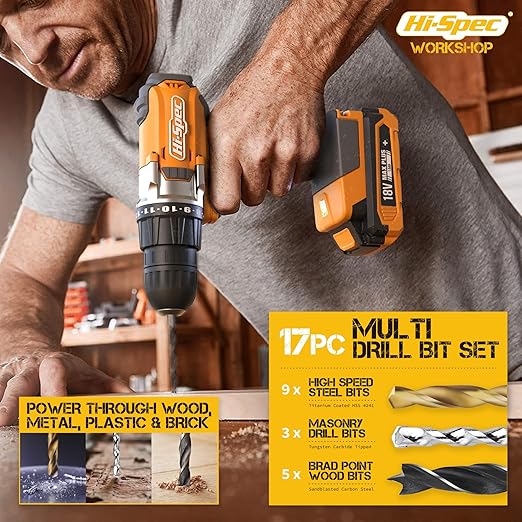 Hi-Spec 58 Piece 18V Cordless Drill Driver & S2 Steel Bit Set in a Zipper Case. Electric Power Screwdriver & Drilling DIY Tool for Metal, Wood & Masonry in the Home, Garage & Workshop