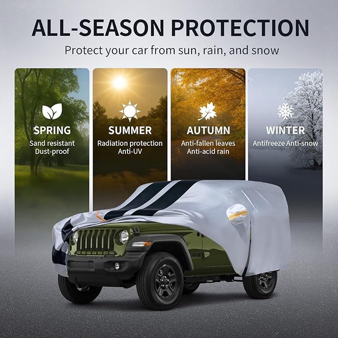 Multi-Layer Car Cover Custom Fit for Jeep wrangler 4 Dr/Unlimited 4 Dr JK JL(1987-2026), 100% Waterproof All Weather for Automobiles, Gift with Towel, Heavy Duty Car Covers for Rain Sun UV Protection.