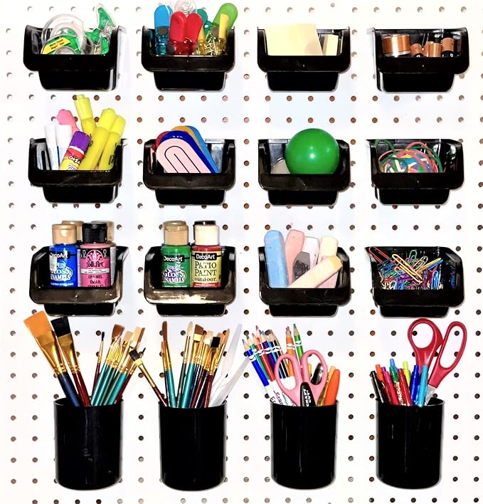 WallPeg Pegboard Bins & Cups - 12 Each 5" Bins and 4 Each 5" Cups - Hooks to Peg Board Panel Organize Hardware Arrange Accessories Workbench Tool Organizer Garage Storage -Made in USA-