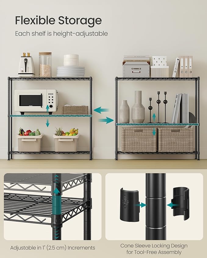 SONGMICS Storage Shelf, Metal Wire Shelving Unit, Adjustable Shelves, for Garage, Bedroom, Living Room, Kitchen, Pantry, 3 Tier, 11.8 x 35.4 x 35.4 Inches, Ink Black ULGR193BH01S