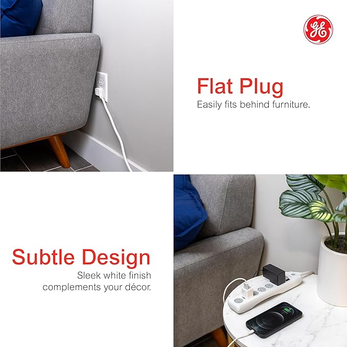 GE Surge Protector Power Strip, 15 Ft Extension Cord, 6 Outlet Extender, 800 Joules, Flat Plug, Twist-to-Close Safety Covers, ETL Listed, White, 50768