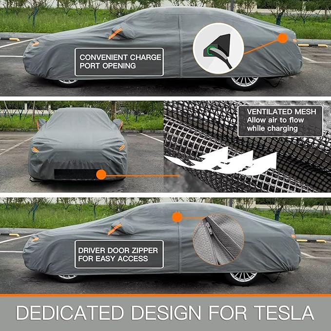 Kayme Heavy Duty Car Cover Waterproof All Weather, Custom Fit for Tesla Model Y, Outdoor SUV Cover with Charging Port and Breathable Ventilation Mesh, Zipper Door Car Cover - Sun and Rain Protection