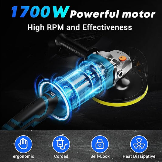 Buffer Polisher Kit for Car - 6/7 Inch Rotary 1700w Polisher Buffer Waxer,7 Variable Speed 1000-3500rpm,Detachable Handle Buffing Machine for Car, Boat Sanding, Polishing Waxing, Blue 3