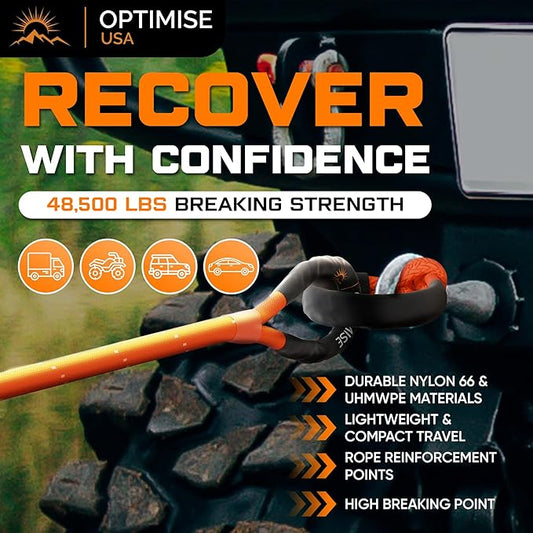 1" x30ft Kinetic Recovery Rope (48,500lbs) – Heavy Duty Recovery Kit with Tow Strap, 2 Soft Shackles (7/16"x22"), Off-Road Shovel & Carry Bag – Ideal for Trucks, SUVs, ATVs, UTVs
