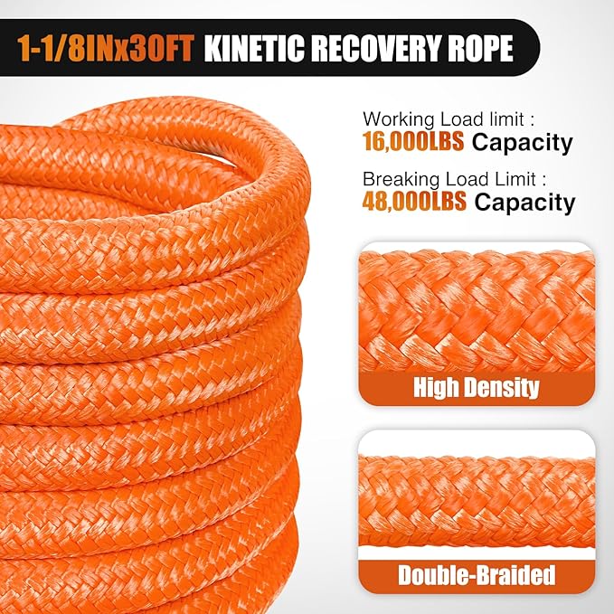 Nilight Kinetic Recovery Rope 48000 LBS 1-1/8in x 30ft Snatch Strap Heavy Duty Offroad Towing Starp Kit Vehicle Recovery kit for UTV ATV SUV Truck Car Jeep Tractor