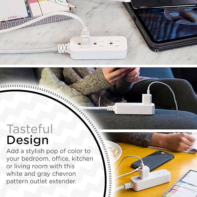 Cordinate Designer Mini 3-Outlet Power Strip, 18 in Braided Extension Cord, Grounded Adapter, Low-Profile Flat Plug, ETL Listed, White/Gray, 47297