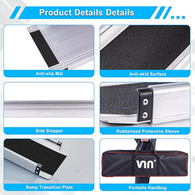 VNN Adjustable Wheelchair Ramp, 3-5 FT Portable Wheelchair Ramp for Home Step, Door Threshold Wheelchair Ramps for Home, Non-Slip Aluminum Scooter Ramp for Car, Doorways, Curbs, Stairs