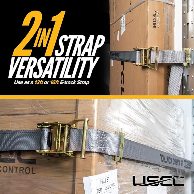 US Cargo Control Double-Fitted E Track Straps 2" x 16' (640-Pack), 4,400 LBS Break Strength, Gray Heavy Duty E Track Ratchet Straps with 3 Spring E-Fittings, Versatile 2-in-1 Logistic Tiedowns