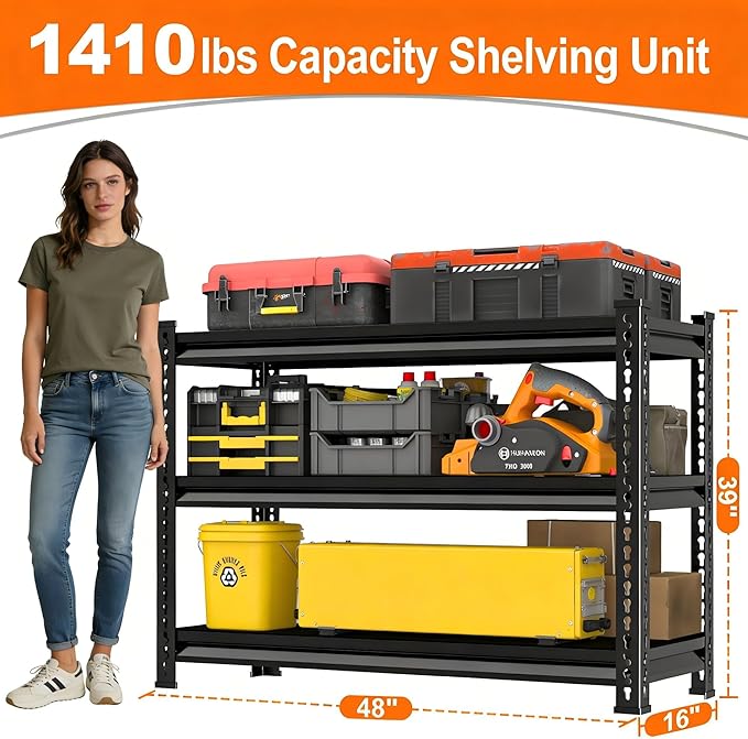Garage Shelving for Storage and Organizer - 48''W 1,410Lbs Heavy Duty Metal Utility Shelves - Adjustable Freestanding Rack Units for kitchen Pantry Basement - 3 Tier Black 48"W x 16"D x 39"H
