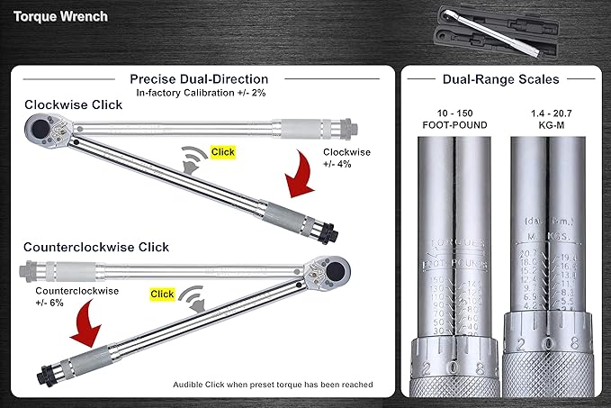 1/2" Drive 10-150 ft-lb (1.4-20.7 kg-m) Dual-Direction Click Torque Wrench