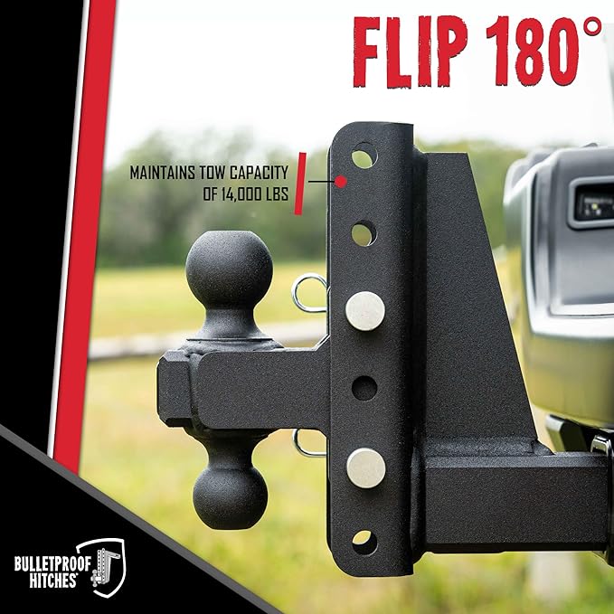 BulletProof Hitches - 2.5" Adjustable Medium Duty Trailer Hitch (14,000 lb. Rating) - 4" Drop/Rise Trailer Hitch with 2" & 2-5/16" Dual Ball - Powder Coat, Box Steel, Corrosion-Resistant