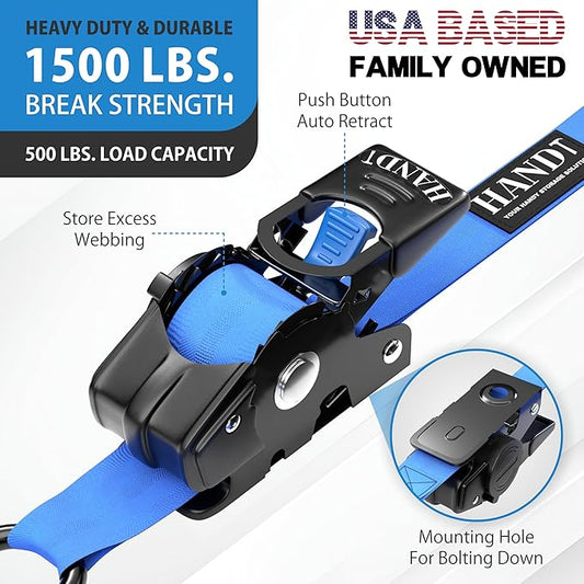 HandT USA Based Retractable Ratchet Straps (2PK) 1in x 6ft - 1,500lb Break Strength, Heavy Duty Automatic Ratchet Straps Self Retractable Tie Down, Push Button Retracting Truck Trailer Cargo | Blue