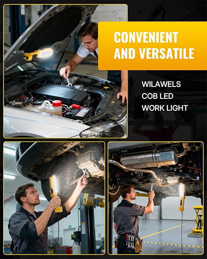 24W LED Work Light, 15FT 3000LM COB LED Light, Handheld Underhood Trouble Light with Cord 16 Gauge SJTW, Swivel Hook, for Garage, Workshop, Car Repair Scene, ETL Listed, Yellow Y05WL06