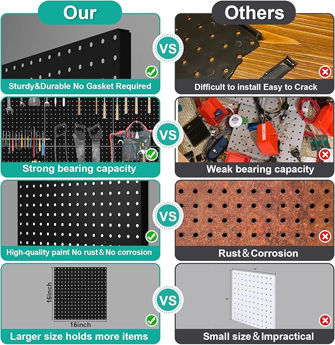 Pegboard, 4 PCS 16”×16” Large Heavy Duty Metal Pegboard Panels with Frame Black Peg Board Display Peg Boards for Walls, Display, Garage Tool Storage, Office Organization, Craft Room, Kitchen