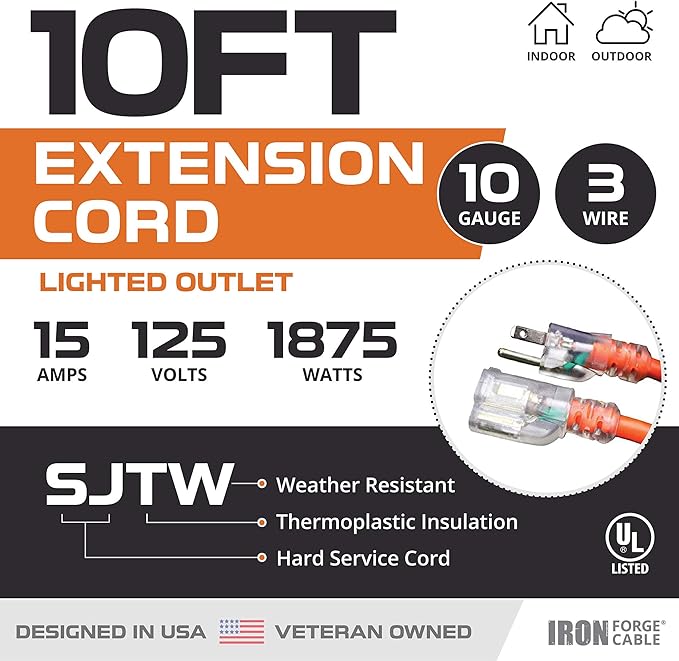 Iron Forge Cable Lighted Outdoor Extension Cord 10 Ft - 10 Gauge Heavy Duty Extension Cord, 15 AMP, 10/3 Orange Power Cable SJTW Weatherproof 3 Prong