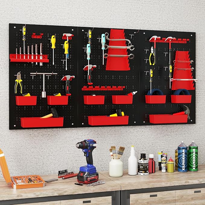 Goplus Pegboard Wall Organizer, 9-Bin Parts Rack Organizer w/Hammer Racks, Tool Holders & Hooks, Heavy-Duty Utility Tool Storage Board w/Accessories for Garage, Workshop, Craft Room
