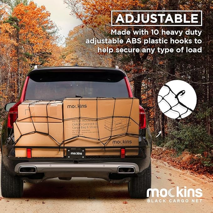 Mockins Black Heavy Duty 20.8" X 36.8" Bungee Cargo Net Stretches to 45" X 75" The Cargo Carrier Net Comes with 10 Hooks and can be Used with Any Car or Van SUV and Truck