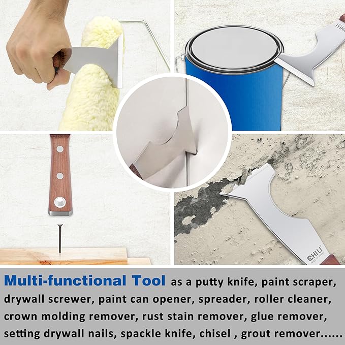 CHILI TOOLS Stainless Steel 5 in 1 Painters Tool with Wood Handle and Metal Hammer End, Made in Taiwan | Spackle Caulk Remover | Roller Cleaner | Putty Knife | Wallpaper Scraper | Can Bottle Opener