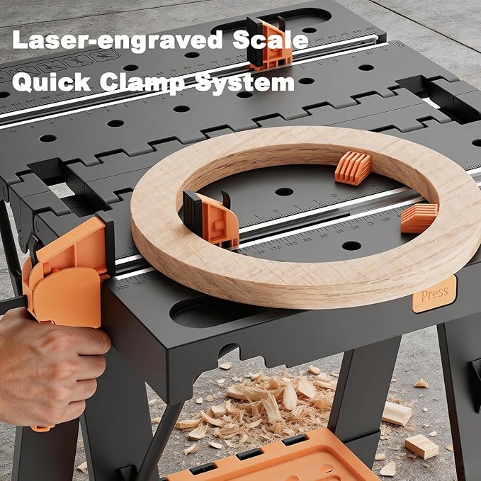 2-in-1 Folding Work Bench & Sawhorse, Easy Setup Portable Work Table, 31" W x 25" D x 32" H, Laser-Engraved Scale,Lightweight Worktable with Large Load Capacity, 2 Clamps & 6 Bench Dogs