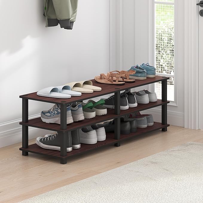 Furinno TURN-S-TUBE Shoe Rack, 3-Tier Shoe Organizer, Shoe Storage Rack with No Tools Assembly, 11.6 x 47.2 x 15.4, for Closet Entryway, Office, Garage, Dark Cherry/Black