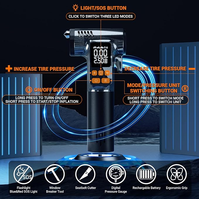 Gardon Tire Inflator Portable Air Compressor - 8 in 1 Air Pump, Window Breaker, Seatbelt Cutter, Ball Pump, Bike Pump, Digital Tire Pressure Gauge, SOS, Flashlight, Tech Gadgets Car Accessories