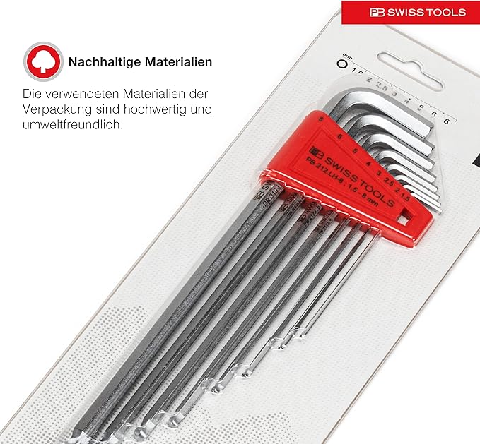 PB Swiss Tools Hex Key Set PB 212.LH-8 CN | 100% Swiss Made | 8-Piece Allen Wrench Set Size 1.5-8 mm with Ball End, in Practical Holder