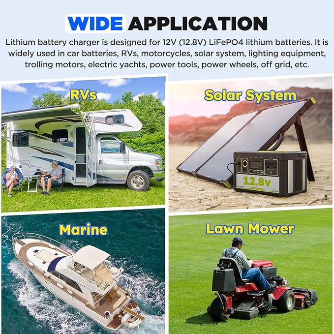 12V 50A Lithium Battery Charger 14.6V 50A Fast LiFePO4 Charger 0V Wake Up 12 Volt Lithium Charger with 8 Protection & 3 Connectors for 12.8V LiFePO4 Battery of RV, Marine, Boat, Solar, Trolling Motor