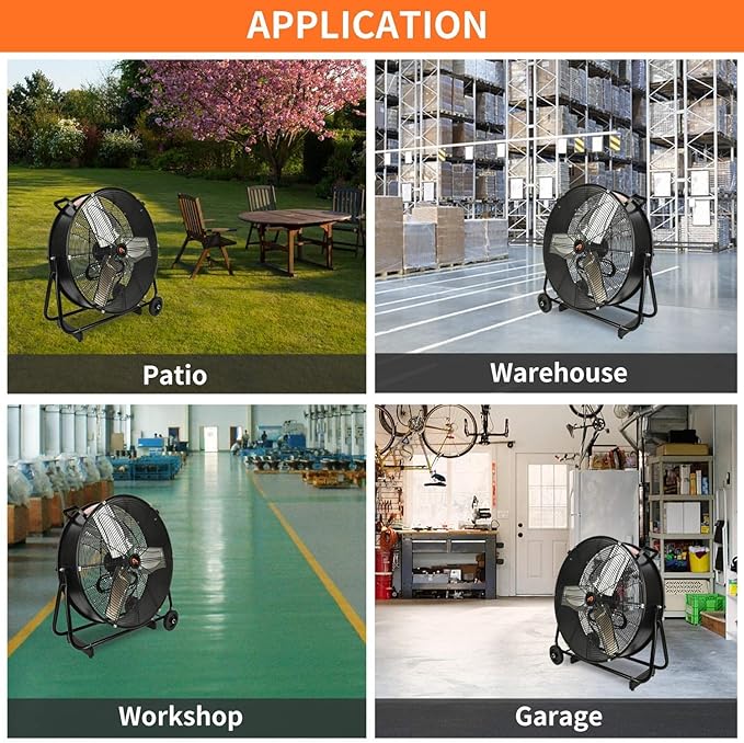 AA011 24-Inch High Velocity Industrial Drum Fan, 7500 CFM Air Circulator for Warehouse, Garage, Workshop and Barn Use,Two-Speed