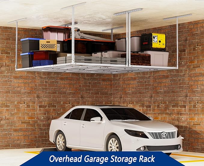 Soywey 3 x 6FT Overhead Garage Storage Rack,Adjustable Ceiling Storage Racks,Garage Shelving Heavy Duty Storage Organizer System,Load 500LBS Weight(White)