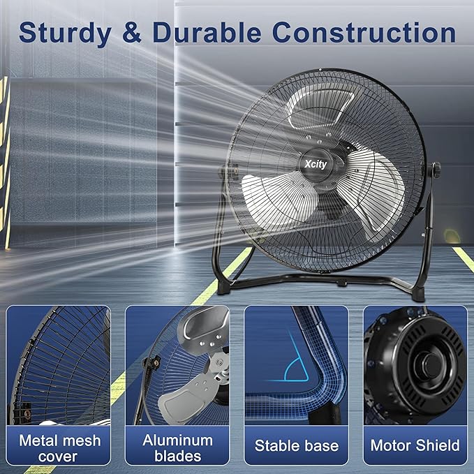 Xcity 12 Inch Metal Industrial Floor Fans, Max 1800 CFM, Heavy Duty High Velocity Fan with 3-speed and 360°Adjustable Tilt, for Warehouse, Workshop, Factory, Garage
