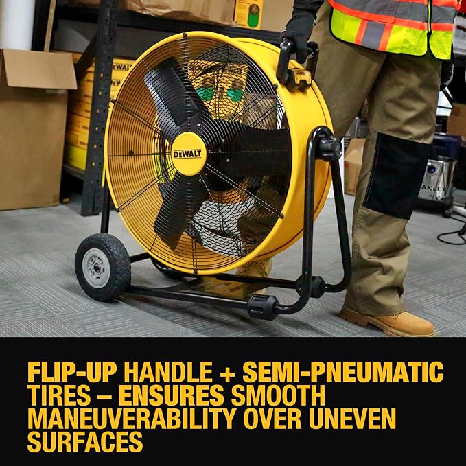 DEWALT DXF2490 High Velocity Fan, Floor Fans, 24 Inch Large Electric Metal Rotating Industrial Fan with 360° Adjustable Tilt & Large Wheel, Drum Fans for Outdoor and Warehouse, Yellow