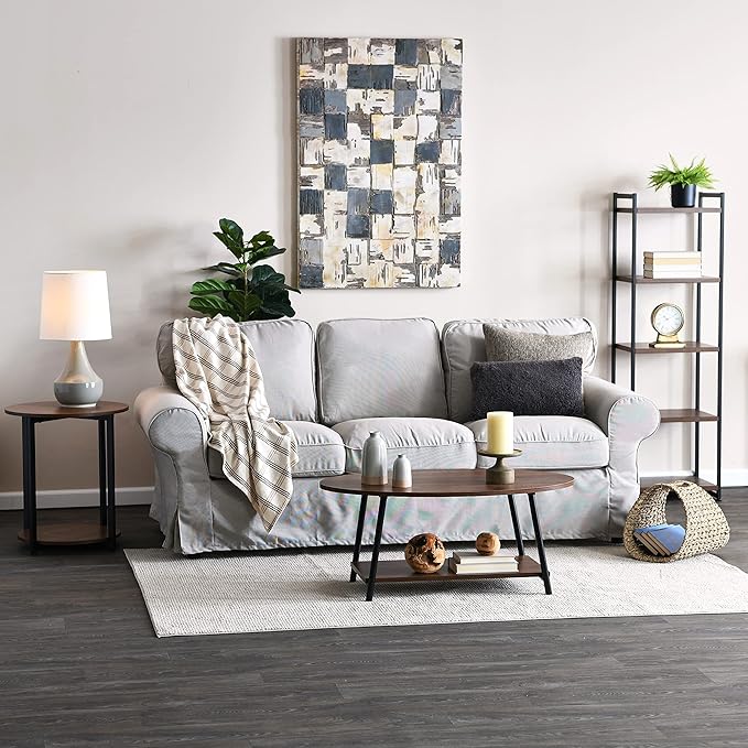 Household Essentials Jamestown Narrow 5 Shelf Open Storage Bookshelf Mid Century Walnut Wood Grain and Black Metal