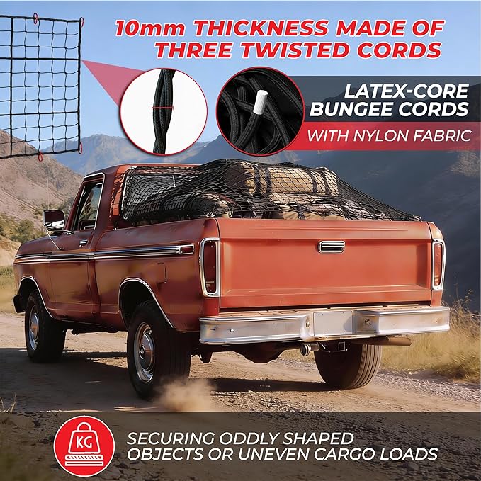 Heavy Duty Cargo Net for Pickup Truck Bed, 4'x6' Stretches to 8'x12' - 4"x4" Mesh 10mm Bungee Truck Bed Net with 12 Metal Carabiners, Anti-Slip Gloves & Guide for Trucks, SUV, Roof Rack