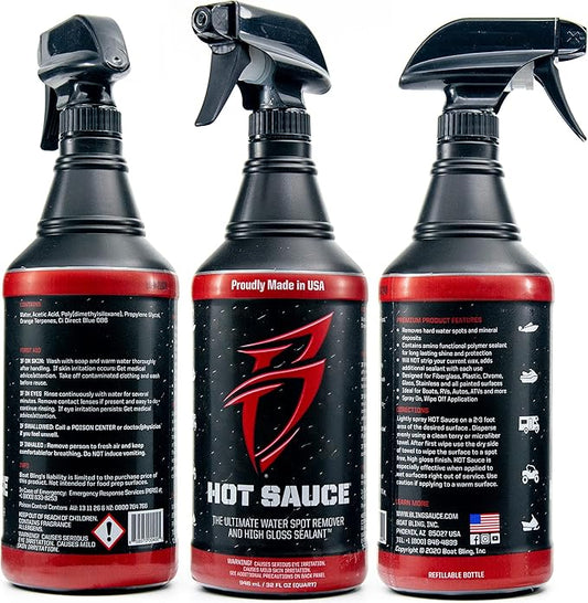 Boat Bling Hot Sauce Premium Hard Water Spot Remover w/High-Gloss Wax Sealants, 32 oz., black