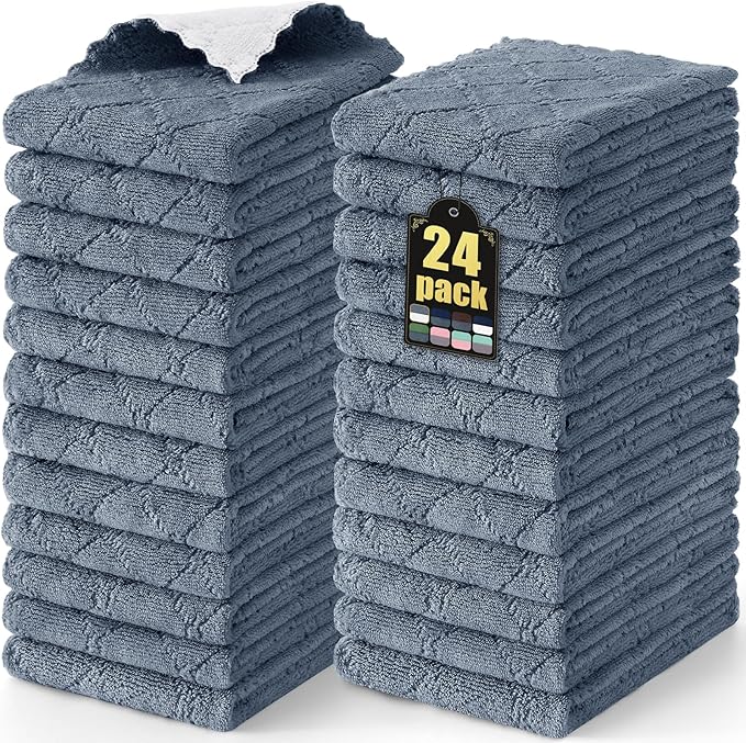 Mordimy 24 Pack Kitchen Towels (20" x 10",Dark Grey & White), Super Soft and Absorbent Dish Towels, Coral Velvet Microfiber Cleaning Cloth, Nonstick Oil Fast Dry Dish Cloths