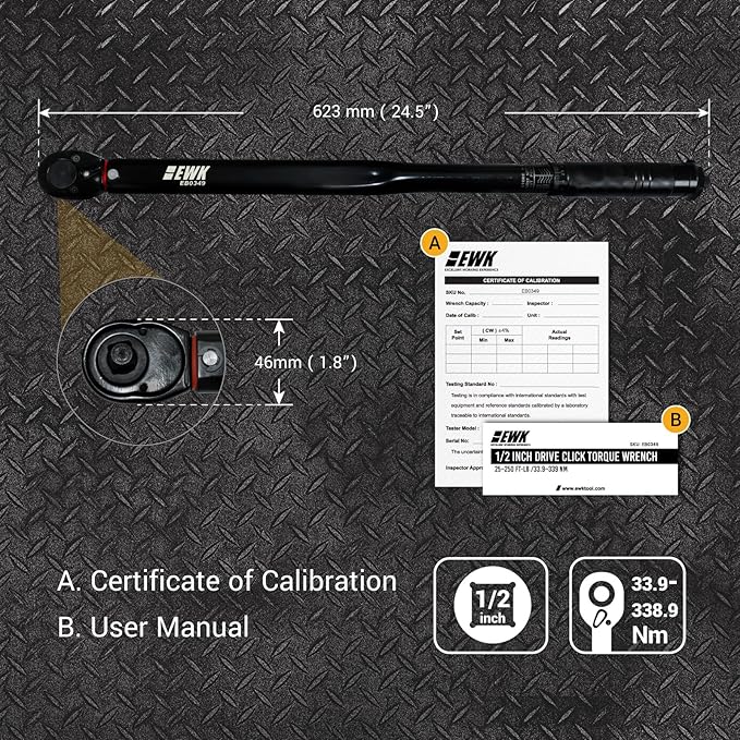 EWK 1/2 Inch Drive Heavy Duty Click Torque Wrench 25–250 ft lb 33.9–338.9 Nm, Dual Scale Reversible Head For Truck Lug Nuts Suspension And Large Bolt Torque Jobs