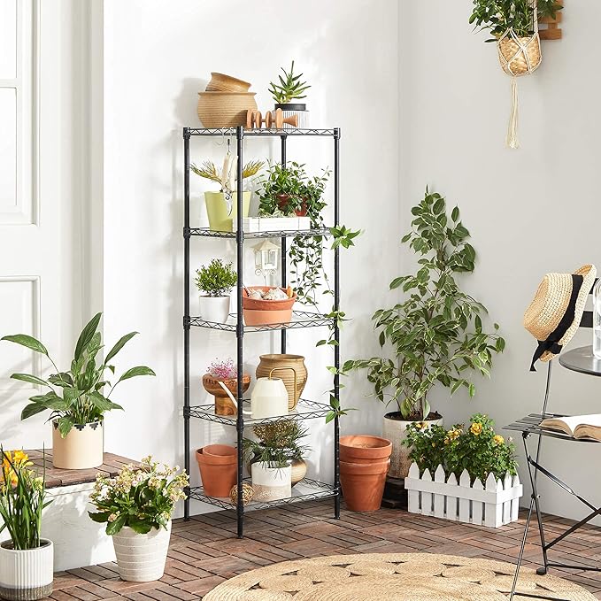 SONGMICS 5-Tier Storage Shelves, Wire Shelving Unit, Kitchen Metal Shelves, Storage Rack with Adjustable Shelves, Shelf Liners, 8 Hooks, for Garage, 11.8 x 15.7 x 47.6 Inches, Black ULGR115B01