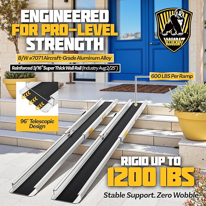 8FT Portable Wheelchair Ramp, Adjustable Aluminum ramps for wheelchairs for Home, 1200LB Capacity, 2X Thickened Sidewall, Wheelchair Ramp for Home, Stairs, Steps (2 Pack)
