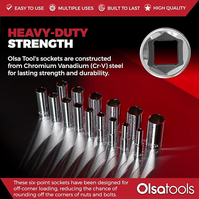 Olsa Tools SAE Deep Socket Set - 1/2-Inch Drive, 18pc - 6-Point Chrome Sockets from 3/8" to 1-1/4" and No Skipped Sizes - Mechanic Deep SAE Socket Set - Professional Grade Long Sockets - Part: 1319