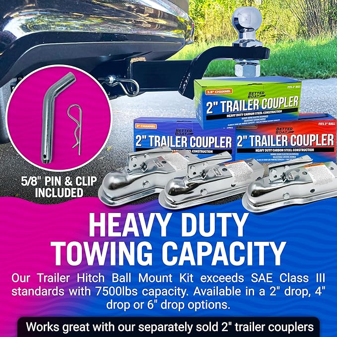 2 Inch Ball Hitch Mount Kit with Trailer Ball, Pin and Cover, Fits 2 Inch Receiver, 7500 lbs, 2 Inch Drop and 3/4 Inch Rise - Better Boat
